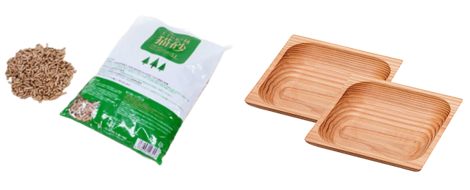 これまでに開発した「Link・林 猫砂」と「めぐる森のプレートセット」