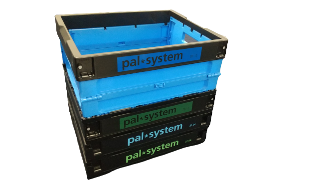 黒の底板と上枠材に再生材を使用した折りたたみコンテナ