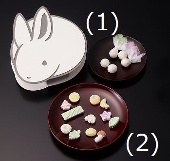 (1)〈新商品〉干支・卯（23個入）1,728円　（2）お月見（38個入）1,296円