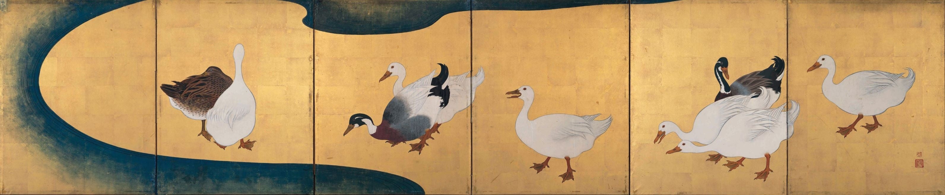 鈴木其一　水辺家鴨図屛風　江戸後期