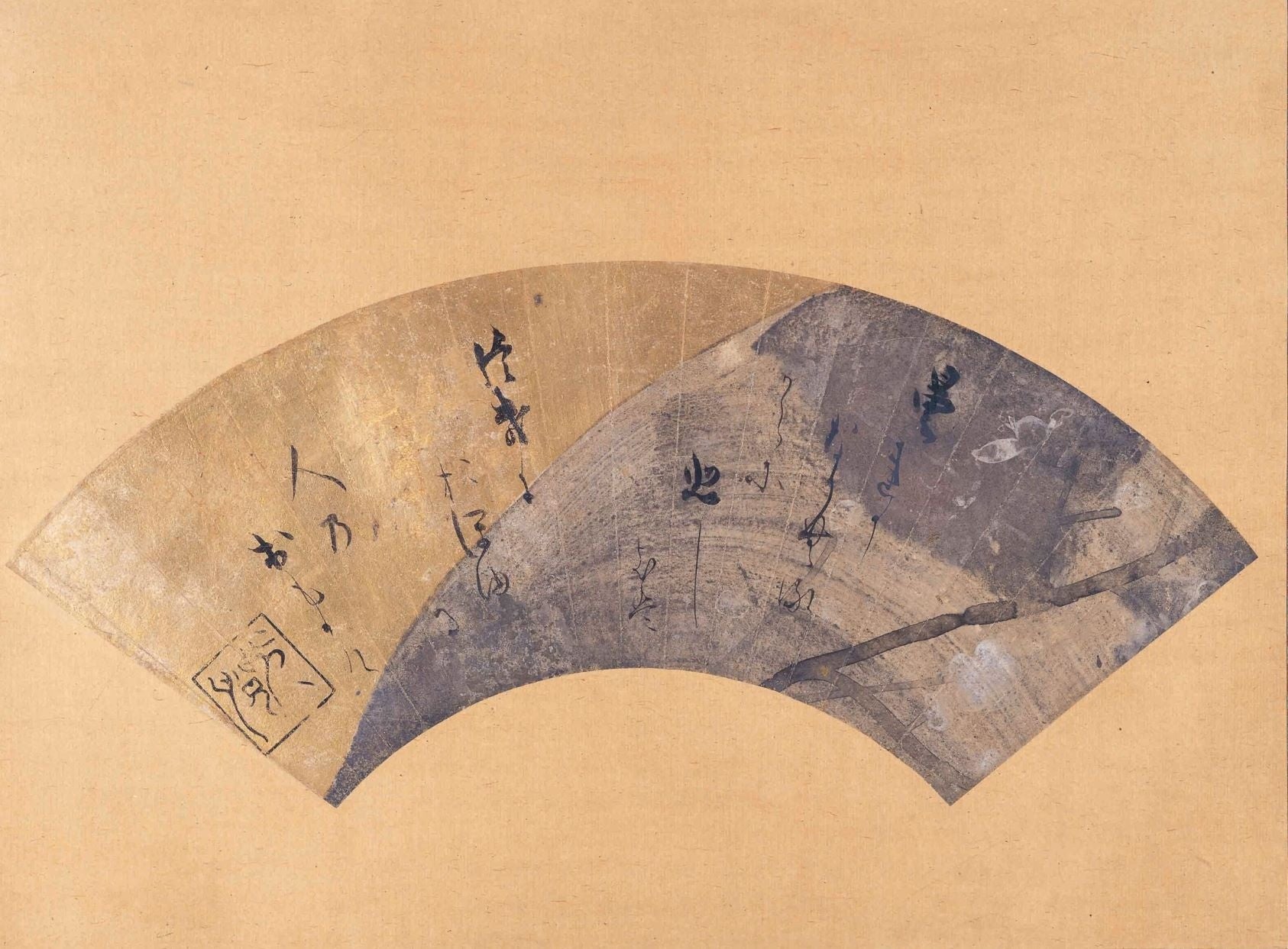 本阿弥光悦 書/ 俵屋宗達 下絵 月梅下絵和歌書扇面 江戸前期