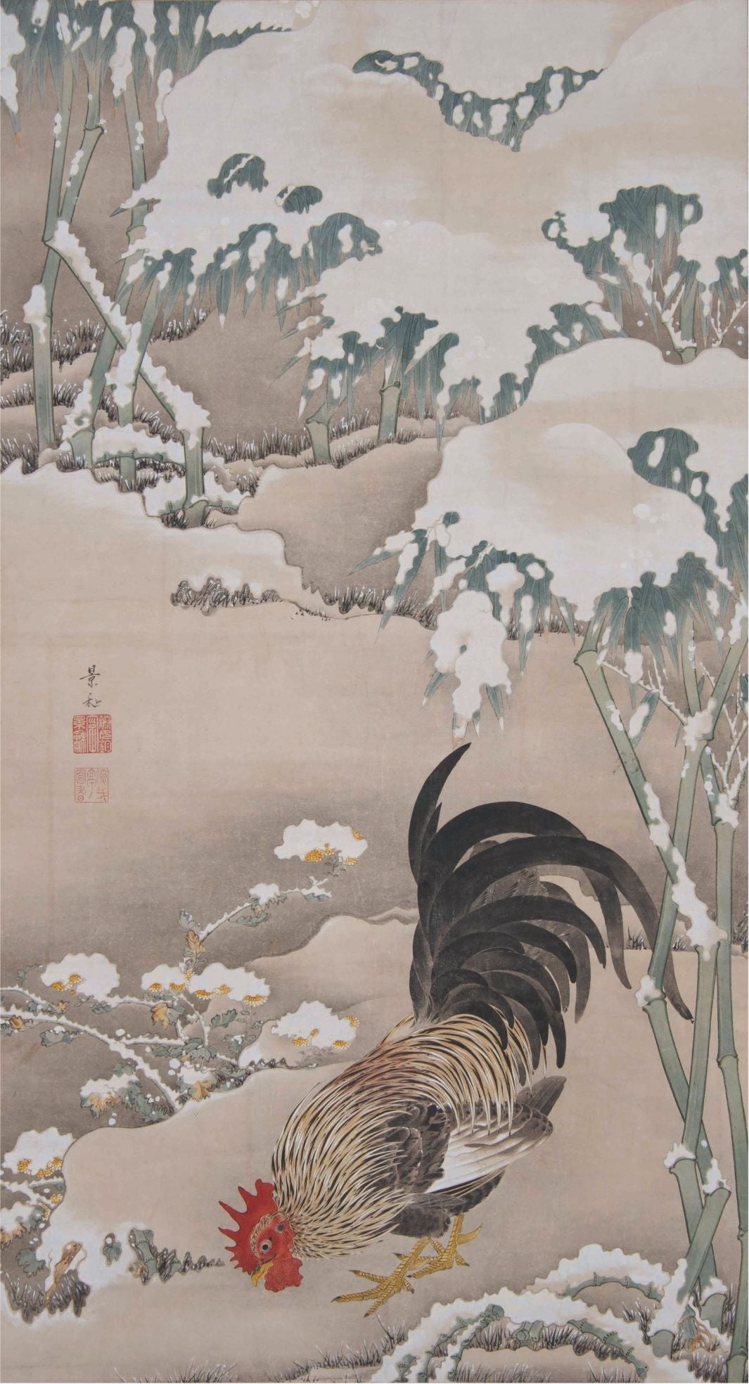 伊藤若冲　雪中雄鶏図　江戸中期