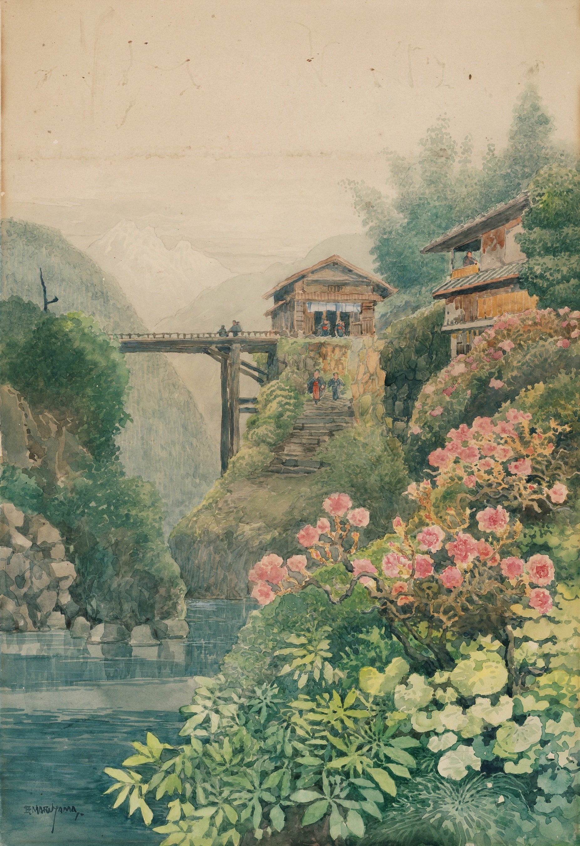 丸山晩霞《川辺の宿》