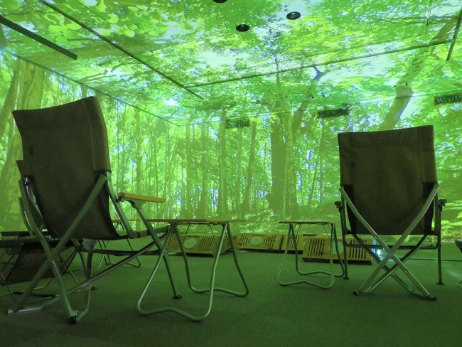 北海道十勝郡浦幌町の森林が映し出されたデジタル森林浴の様子（©：日刊スポーツ）