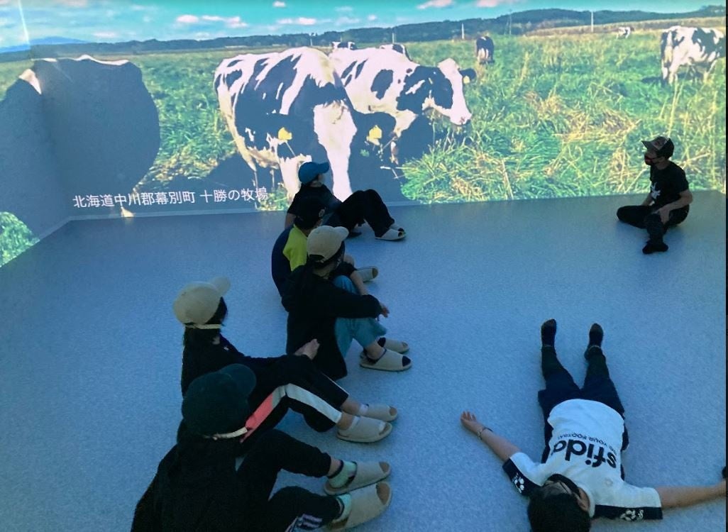 十勝の牧場で、牛がすぐ近くにいる風景を体感する子ども達