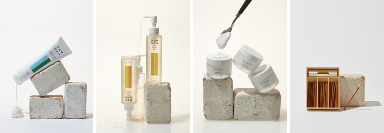 ノーマッズクリームピュリファイングクレンザー ¥4,950、シルクライス クレンジングオイル ¥5,830、もちもち ルミナスクリーム ¥5,940、DAMDAM×玉初堂 お香 ¥1,100～