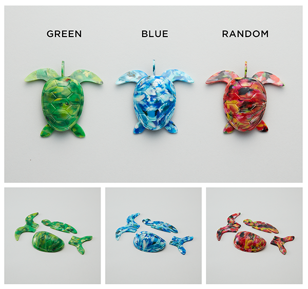 ウミガメをモチーフにしたプラモデルは、回収したゴミによって色味や柄が異なるため、一つとして同じデザインはありません