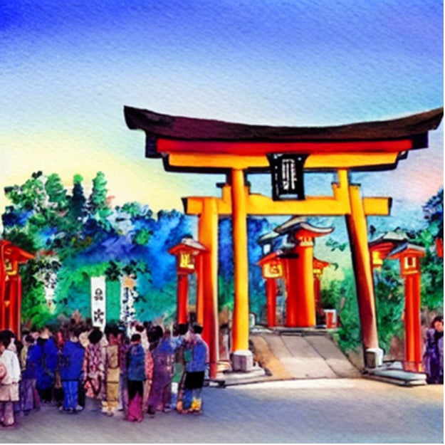 「夕暮れの神社の夏祭りを描いた水彩画」