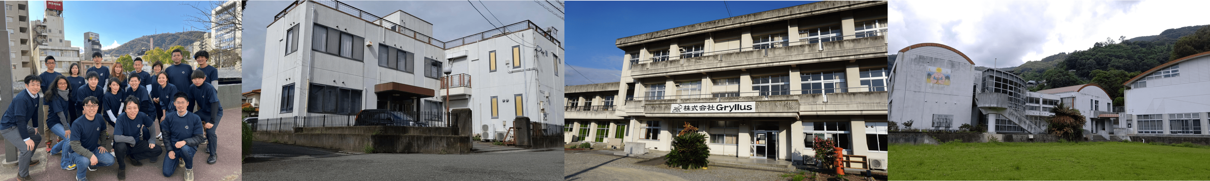 左から順に、正規社員の集合写真（2021年末時点）、鳴門ファーム（本社）、美馬ファーム（生産拠点）、美馬研究所（研究拠点）