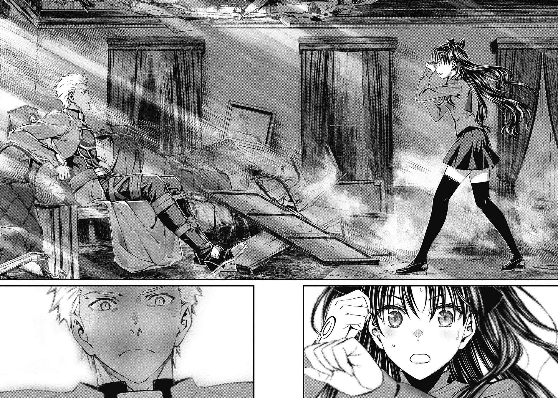 召喚したサーヴァントと対面した遠坂凛。彼女が召喚したのはアーチャーのサーヴァントだった。