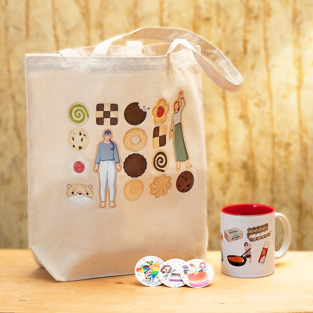 ▲クッキーアソート風イラストのトートバッグもついた、豪華三点セット。