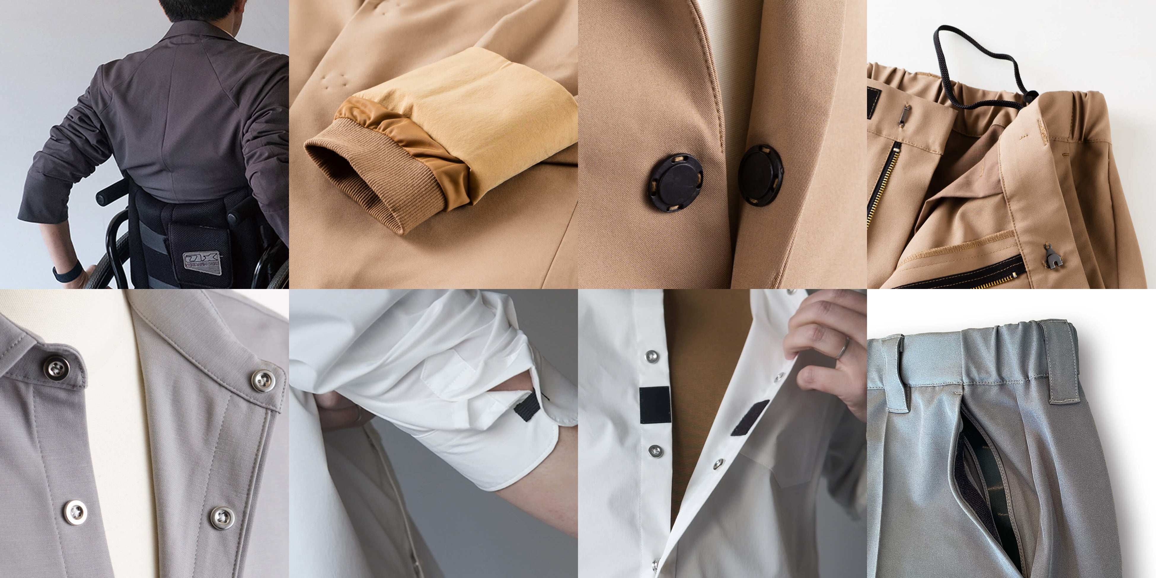 左上から右下にかけて：肩の可動域を広げるラグラン、車椅子ユーザーのための袖口、ボタンをつけはずしをしやすくしたマグネットボタン、ウエストをゆったりさせた調整ゴム、シャツ用マグネットボタン、腕捲りを前提とした袖口ゴム、シャツを止めやすくした面ファスナー