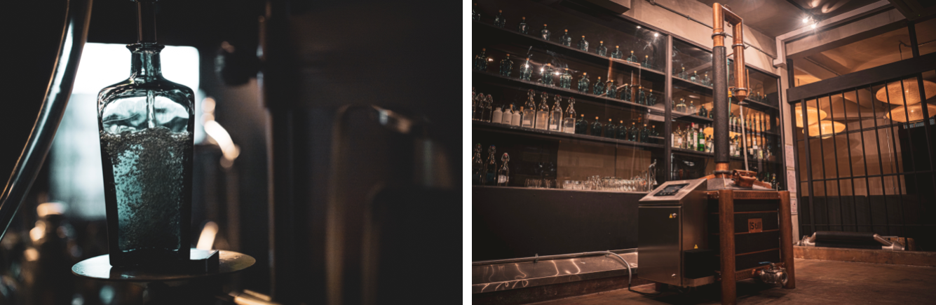 左からボトリング風景、プノンペンの蒸留所