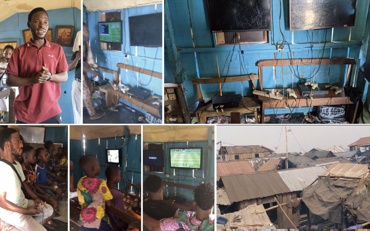 Taiwoさんの運営する学校とゲームを観戦する生徒、学校からの景色