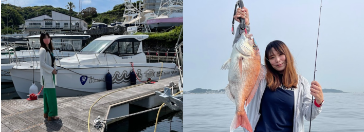 左：社⽤艇（釣り船）右：bluecode代表（”釣りをしながら仕事”が⽇常の代表）
