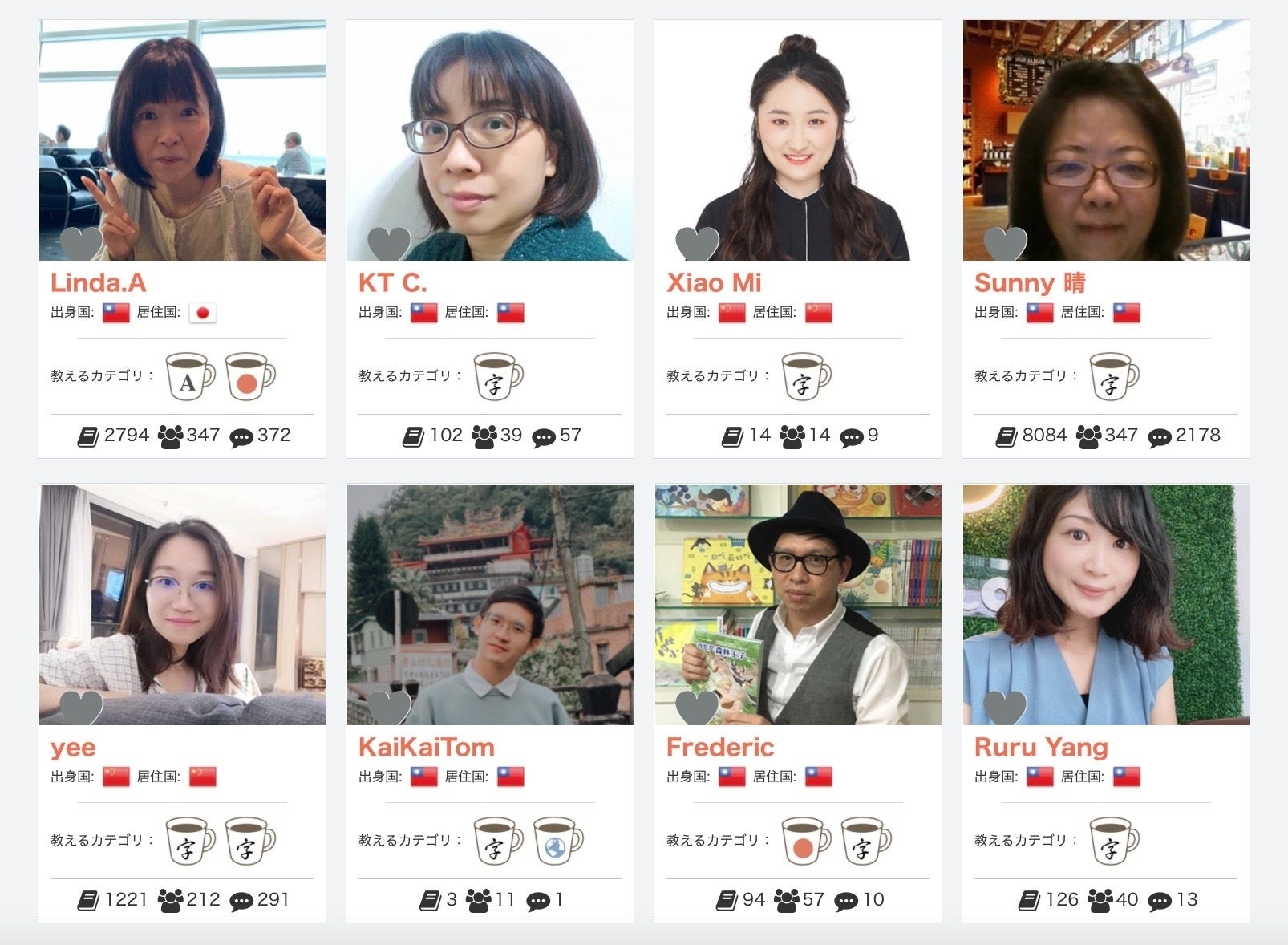 出身地、話せる言語、性別などでサーチ可能