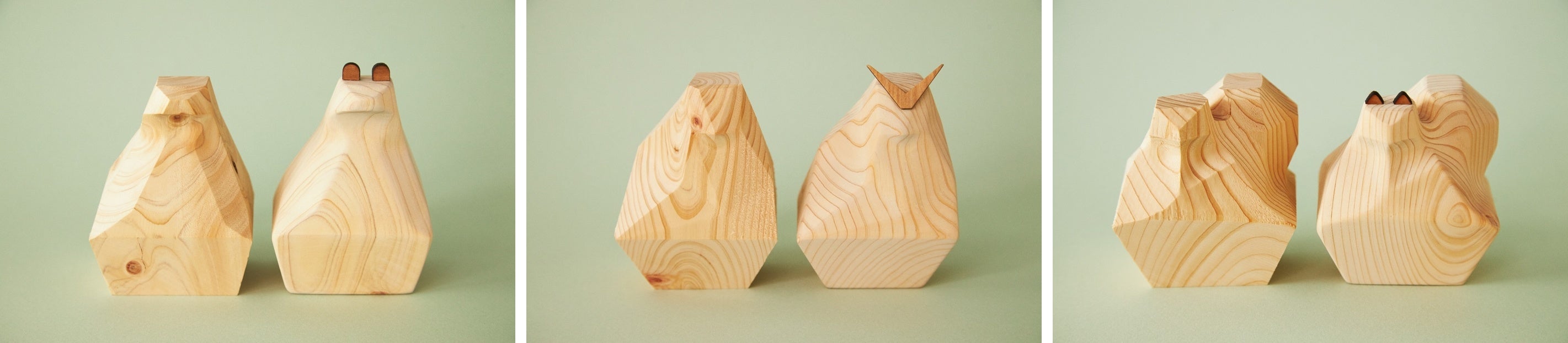 各商品：（左から）クマ・フクロウ・リス