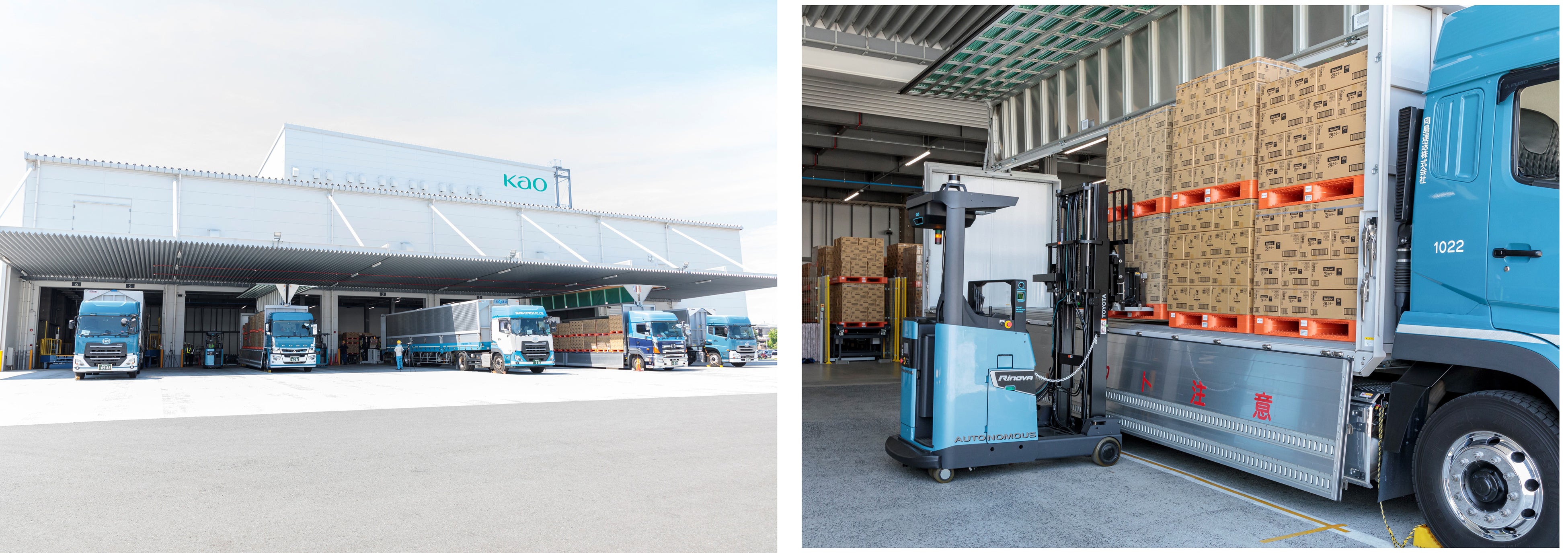 2023年3月に完成した次世代倉庫(左)　　実際のオーダー・製品で積み込み作業を行う自動運転フォークリフト(右)
