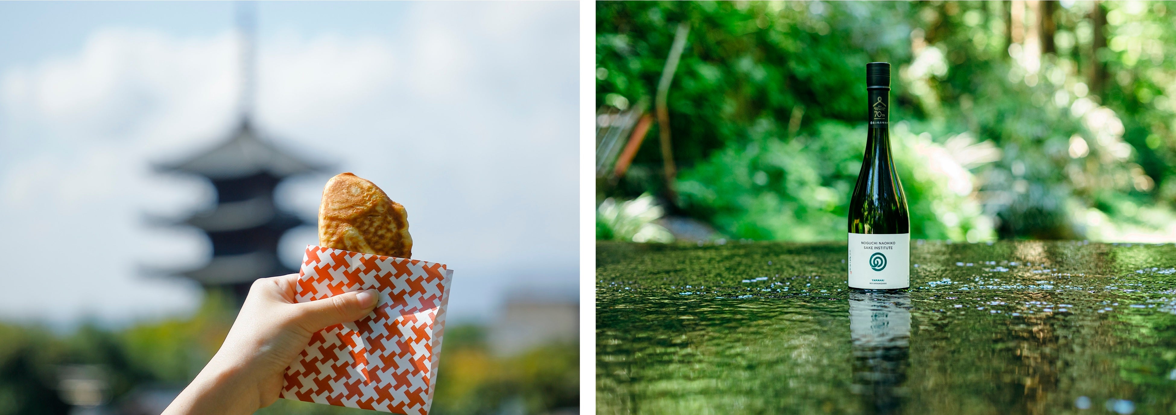 （写真左）「KYOTO BISTRO」の『TEA TIME PICNIC』 は春の空の下でのティータイムに　（写真右）「酒造りの神様」の異名をもつ農口尚彦氏が手掛ける大吟醸や焼酎に、「八坂」料理長の久岡寛平が鉄板料理をマリアージュ