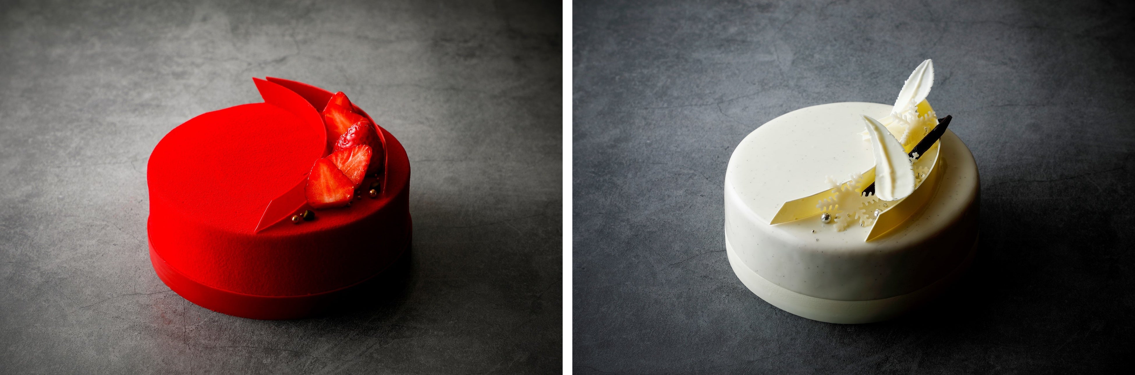 （写真左）クリスマスショートケーキ 15cm 価格：7,020円（税込）、（写真右）丹波栗と柚子のムースケーキ 15cm 価格：7,020円（税込）