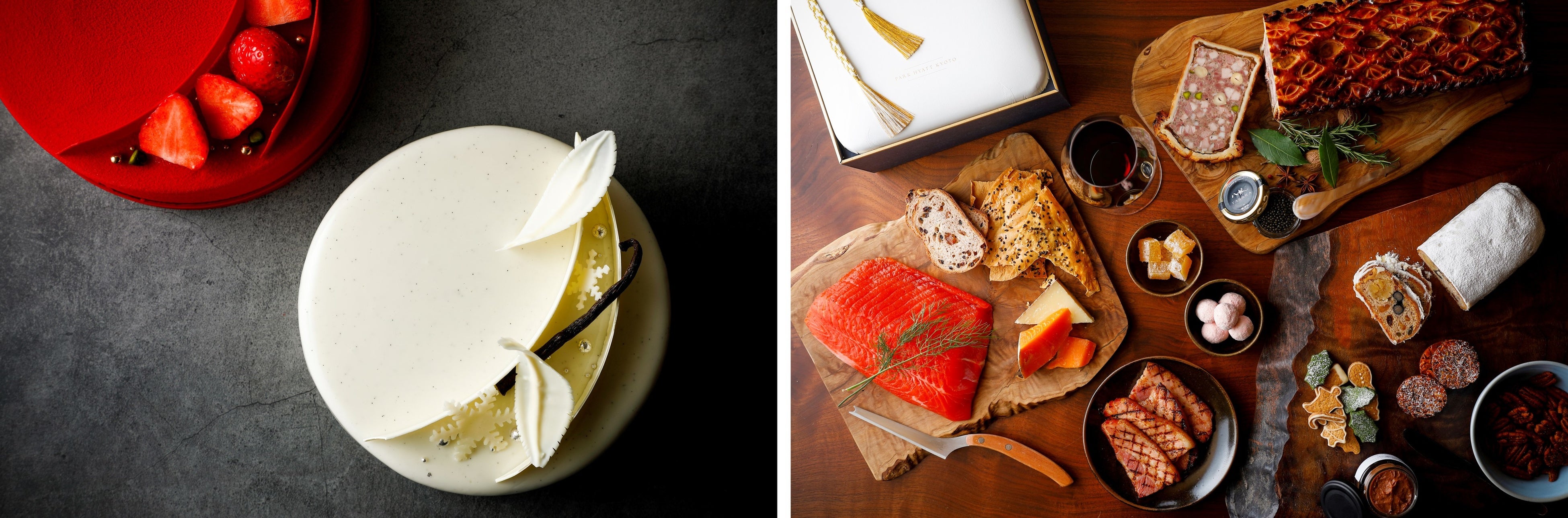 （写真左）「パーク ハイアット 京都」クリスマスショートケーキ＆丹波栗と柚子のムースケーキ、（写真右）年末のギフトやご自宅でのパーティーシーンに最適な「パーク ハイアット 京都」ギフトハンパー