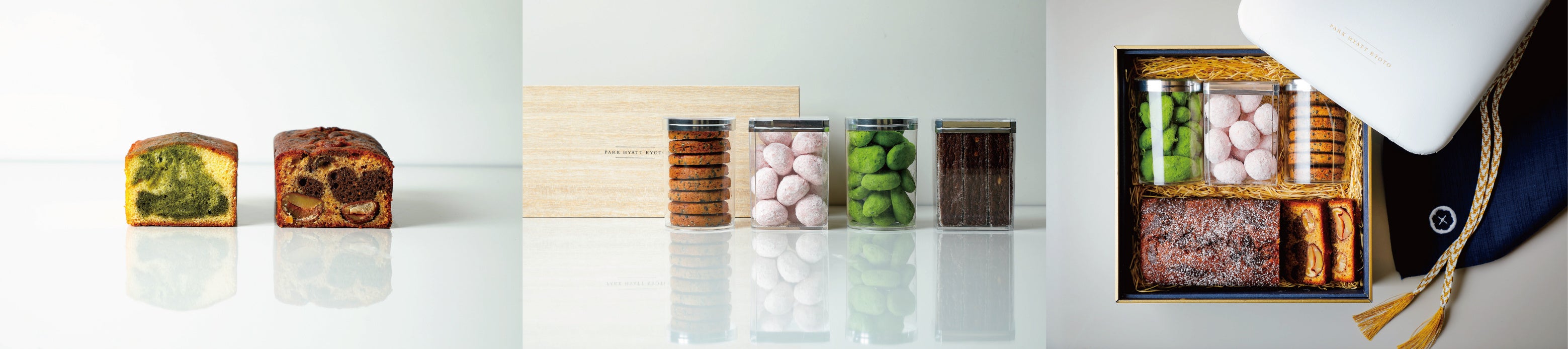 （左から）抹茶とホワイトチョコレートのパウンドケーキ、イチジクと栗のパウンドケーキ、焼き菓子４種、アソートギフト