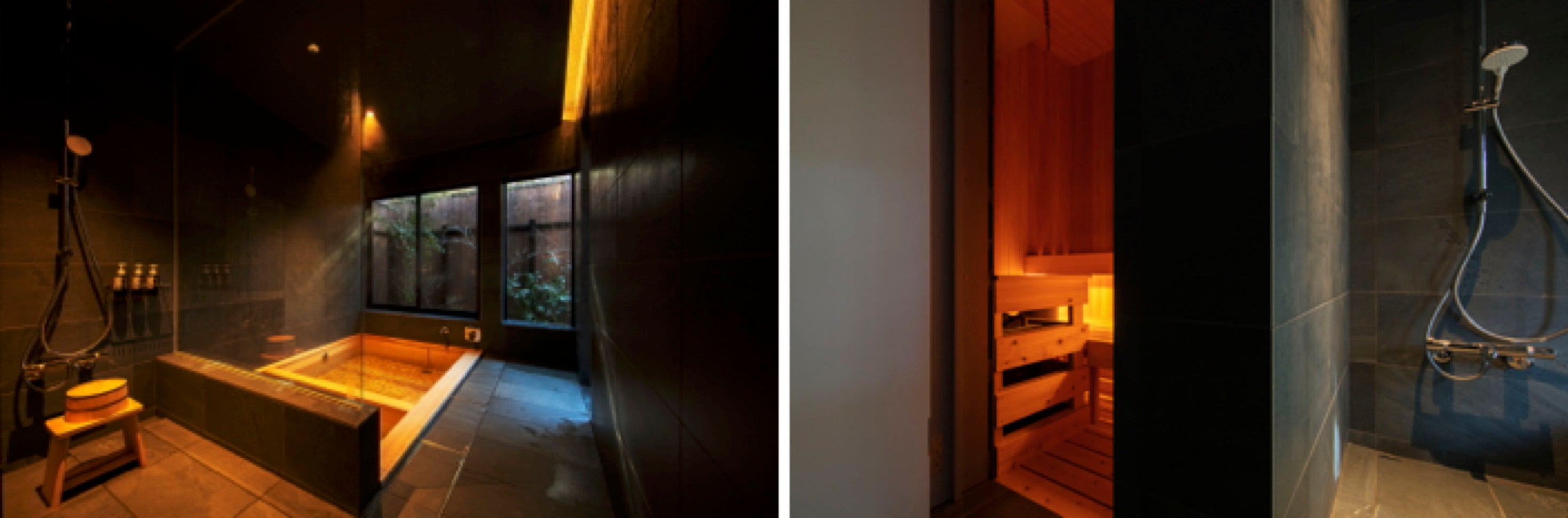 お風呂の壁や床はグレートーンとして庭の緑が引きたつ空間に。浴槽はヒノキ造りで、SHIRO SUITE同様に箱根の源泉かけ流しとフィンランド式サウナ水風呂をお楽しみいただけます。