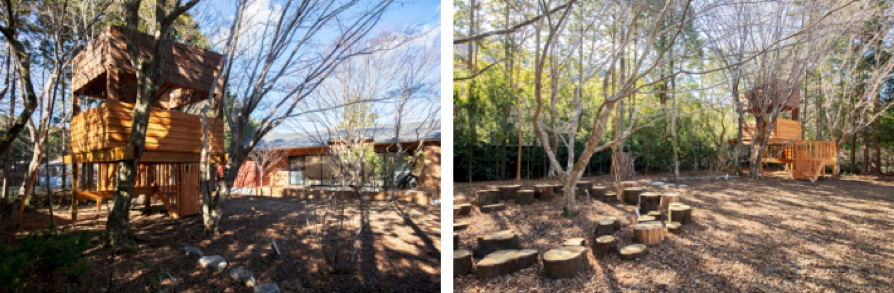 庭には木造のツリーハウスや丸太ステップ、残材で作った輪投げなど、自然の恵みから製作した遊具をご用意しています。室内にも子供の遊び道具を多く取り揃えています。