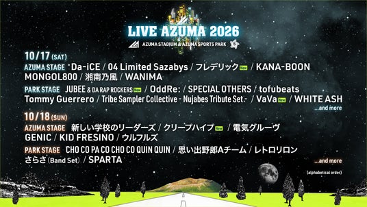 今年5周年を迎える福島最大級の音楽フェスティバル LIVE AZUMA 2026 第4弾出演アーティスト及び出演者のステージ割り発表! 今年5周年を迎える福島最大級の音楽フェスティバル LIVE AZUMA 2026 第4弾出演アーティスト及び出演者のステージ割り発表!