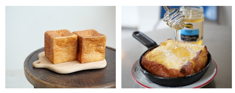 左：1日2,000個完売する『ムー』　右：鉄板フレンチトースト