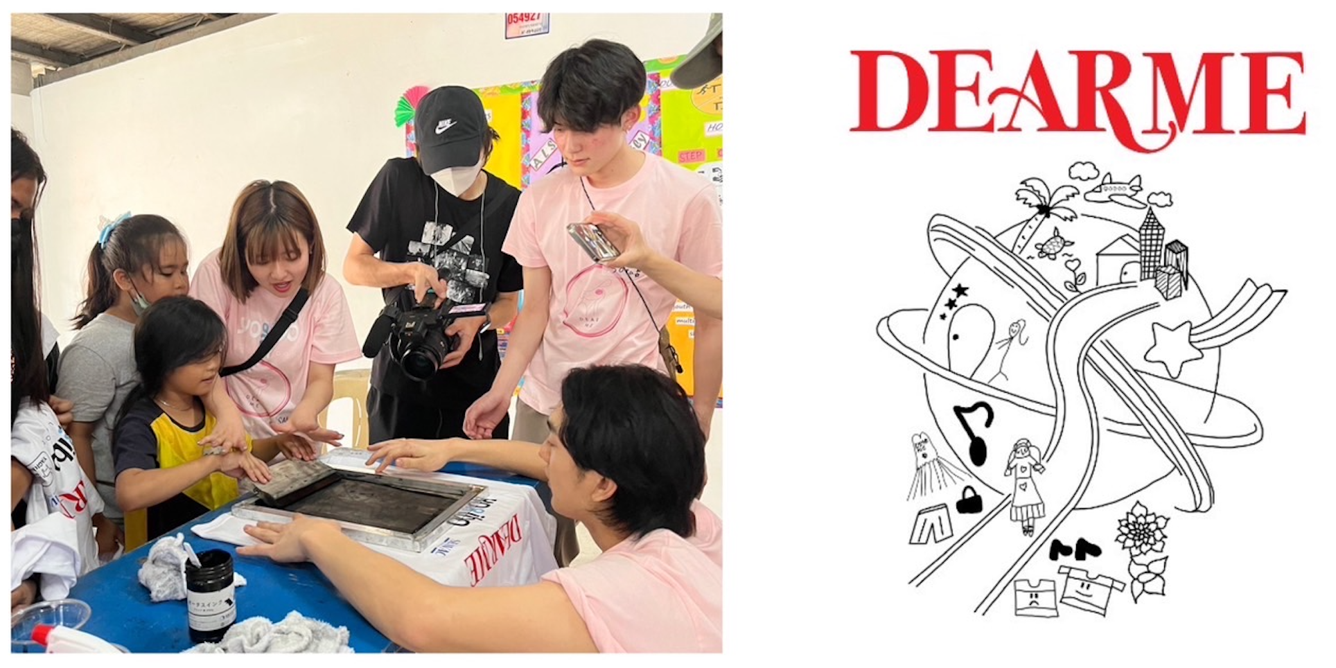 （左）フィリピンで子どもたちと行ったシルクスクリーンの様子　 （右）シルクスクリーンのプリントデザイン　　
