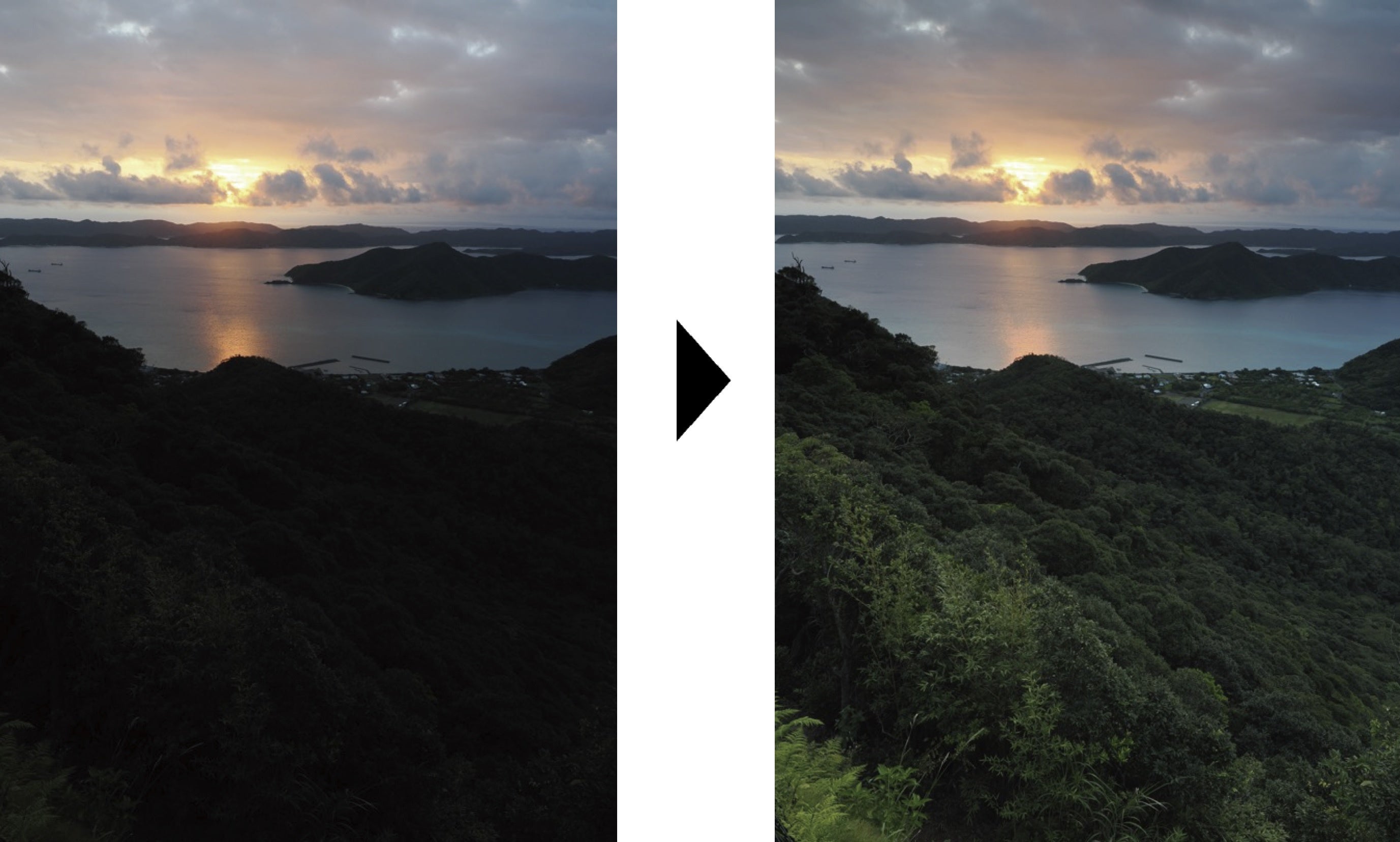 夕焼けのように輝度差の大きなシーンで表現の 幅を広げる「ライブGND」（右効果ON）