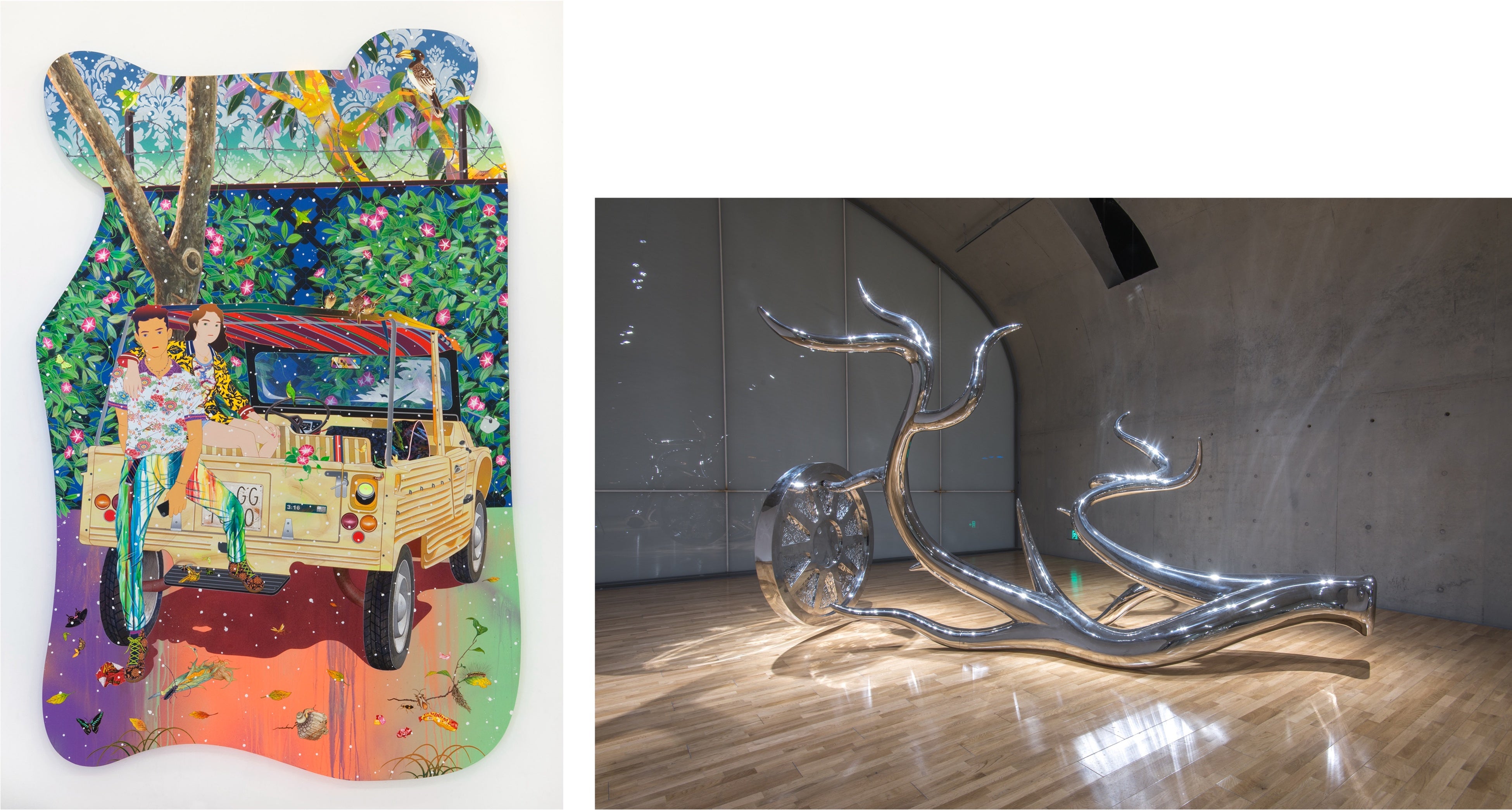 左 松山智一《20 Dollar Cold Cold Heart》2019年 個人蔵 アクリル絵具・ミクストメディア、カンヴァス 267×172cm、右 松山智一《Wheels of Fortune》2020年 個人蔵  スチール 257×400×105