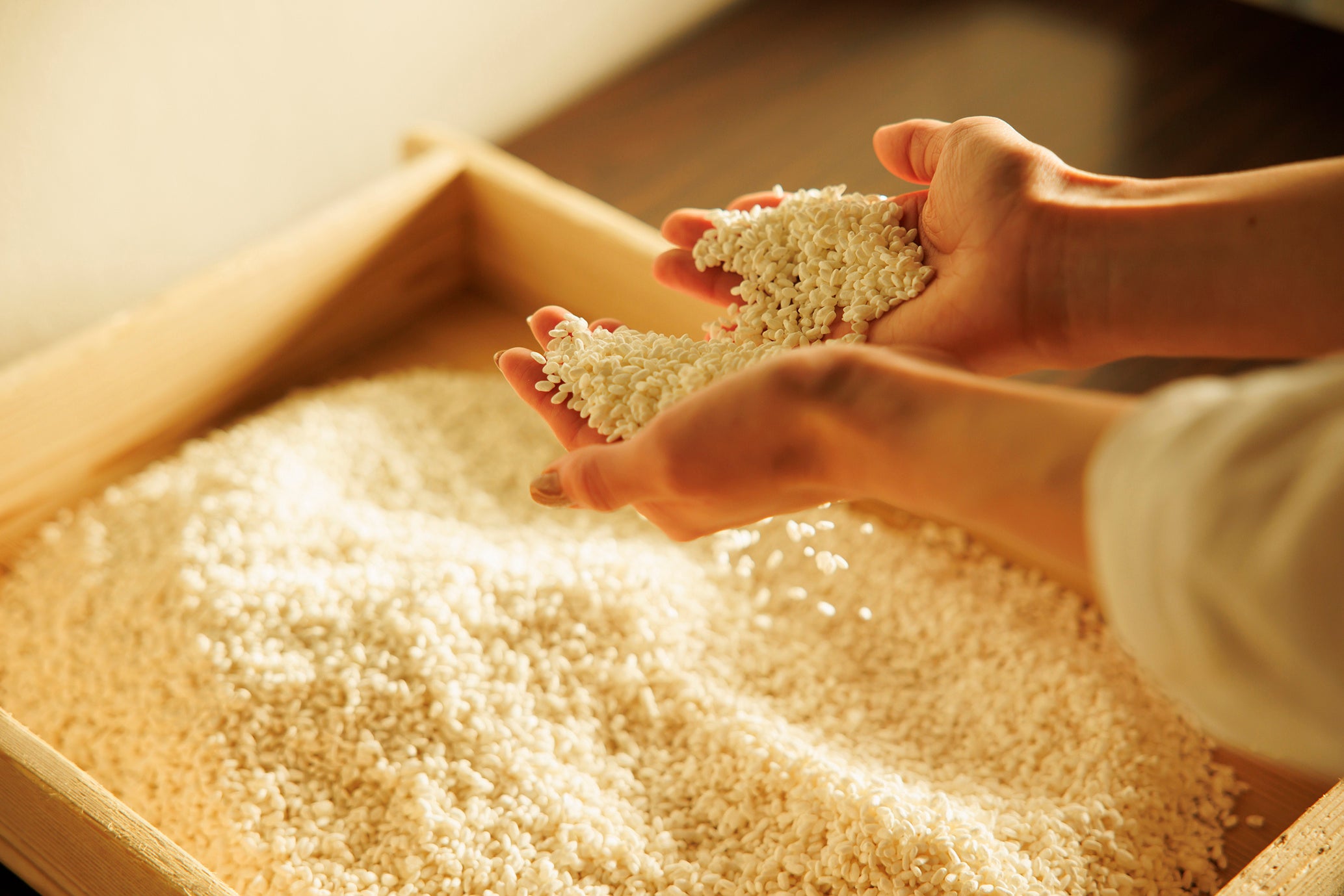 原料となる米麹を手にする佐藤晴美