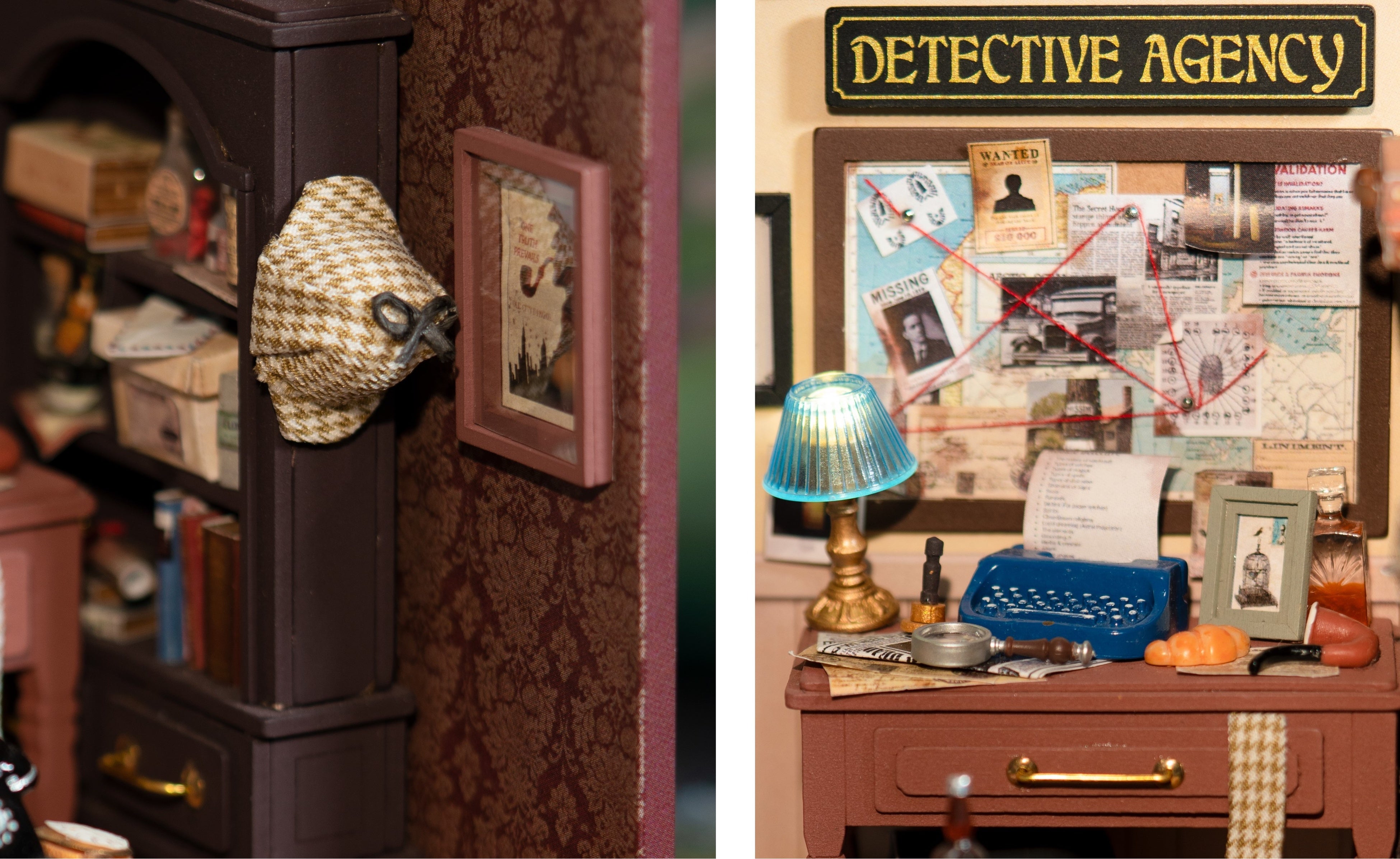 愛用の品で溢れたデスクと事件の手がかりをまとめたボード