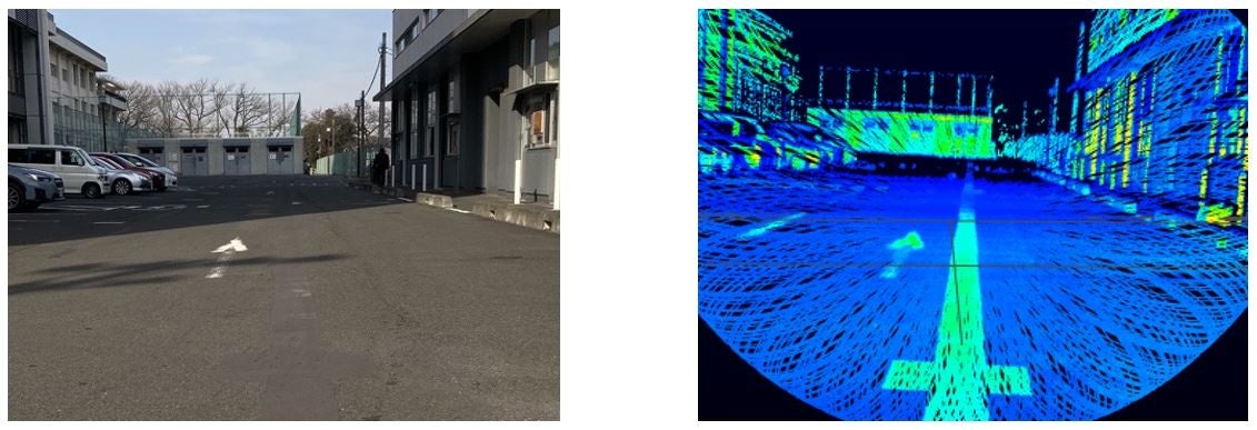 （写真左）目視で見た際のターゲットライン（写真右）センサーで見た際のターゲットライン