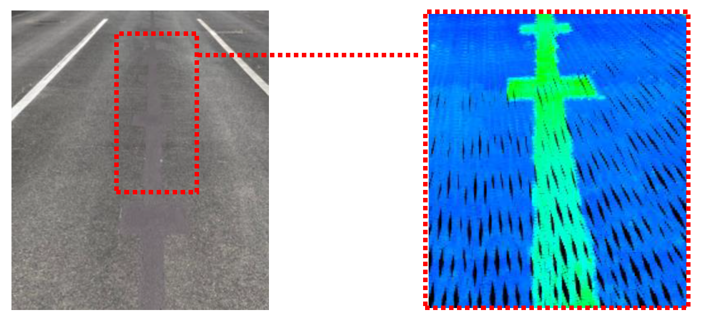 （写真左）目視で見た際のターゲットラインペイント（写真右）LIDARで見た際のターゲットラインペイント