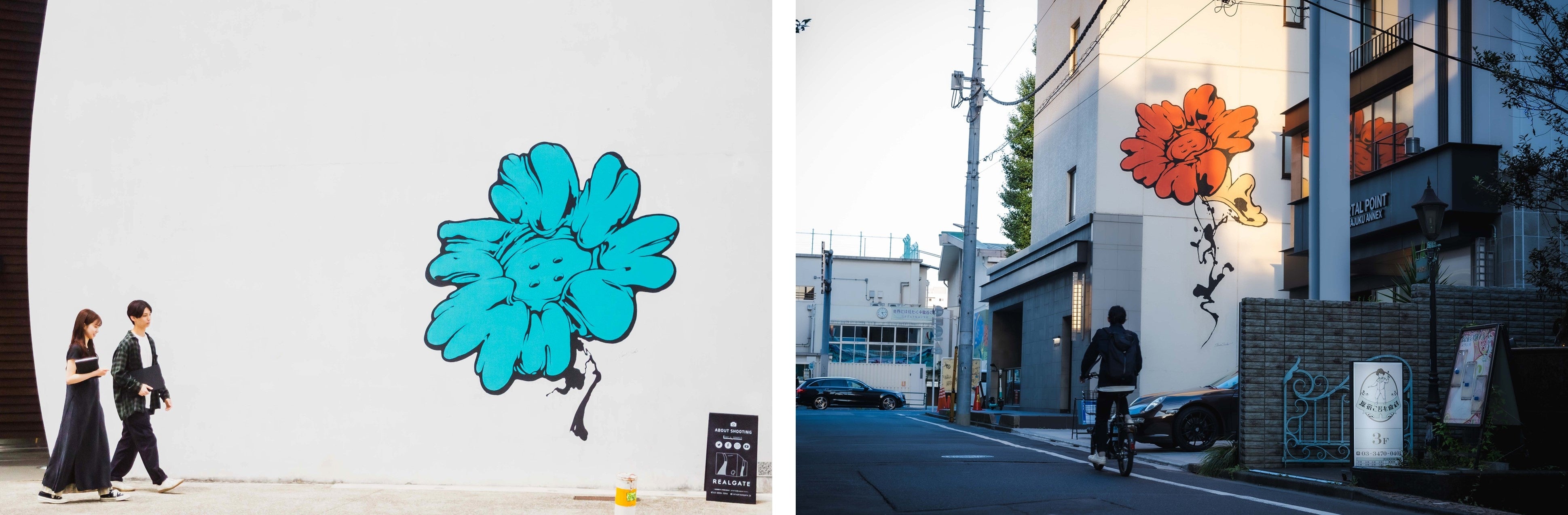 ▲REALGATE Bldg・ PORTAL POINT HARAJUKU ANNEX外壁に描かれるボタンフラワー