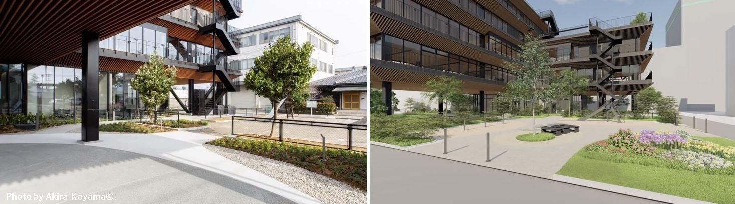 区切りのない、オフィスと公園がシームレスに一体化された場（右がイメージ）