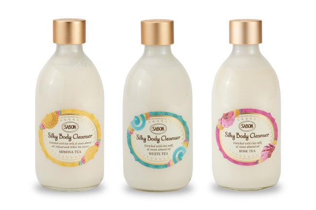SABON『シルキーボディクレンザー ミモザティー』『シルキーボディクレンザー ホワイトティー』『シルキーボディクレンザー ローズティー』各300mL 3,080円(税込)