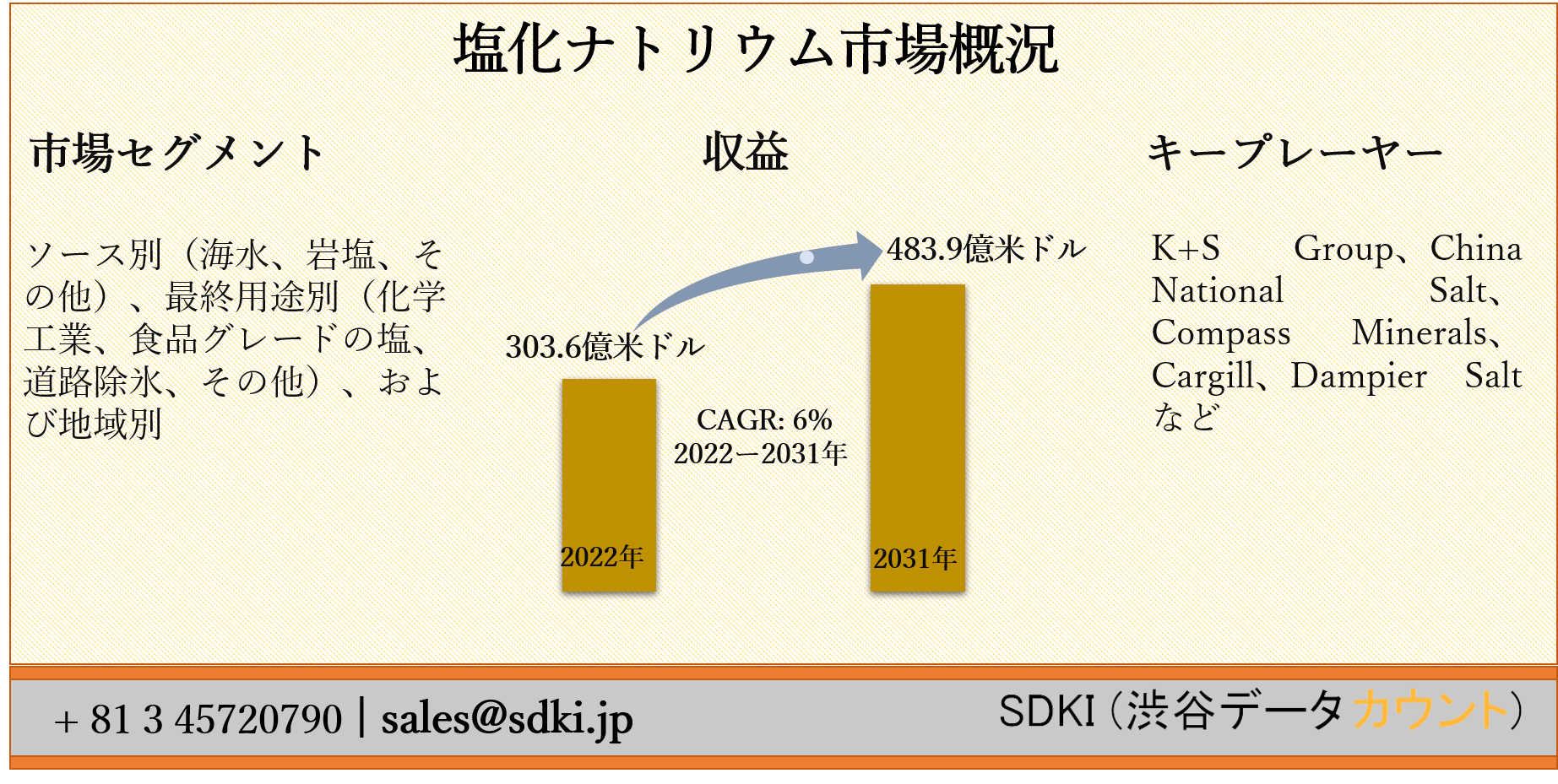 塩化ナトリウム市場ーソース別 海水 岩塩 その他 最終用途別 化学工業 食品グレードの塩 道路除氷 その他 および地域別ー予測22ー31年 Sdki Inc のプレスリリース