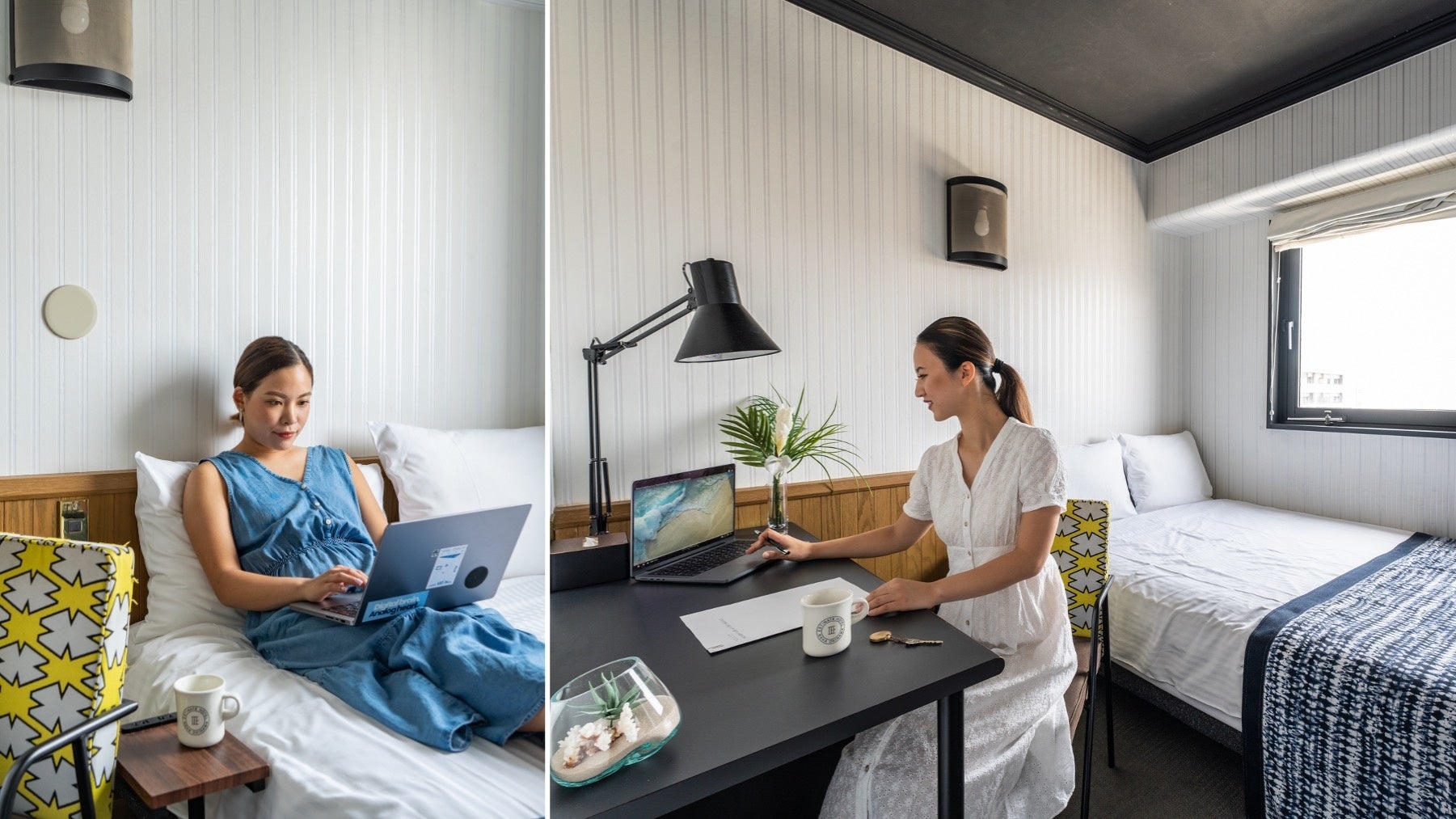 ユニットバス、セミダブルサイズのベッド、幅120cm×奥行き50cmのデスクを備えた客室