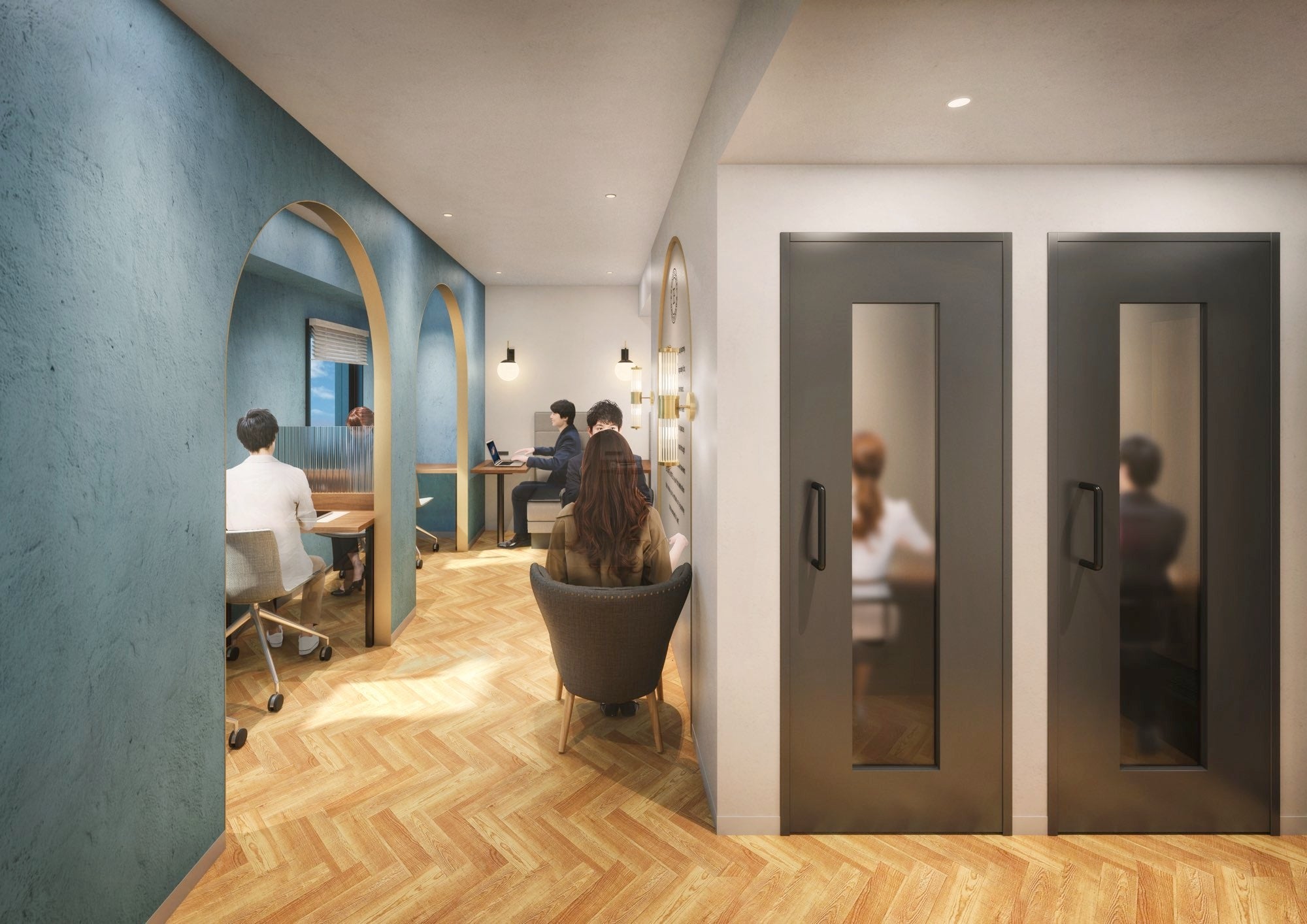 WEB会議用の個室ブースや独立したデスクを配置し、長時間集中できるワーキングラウンジ​