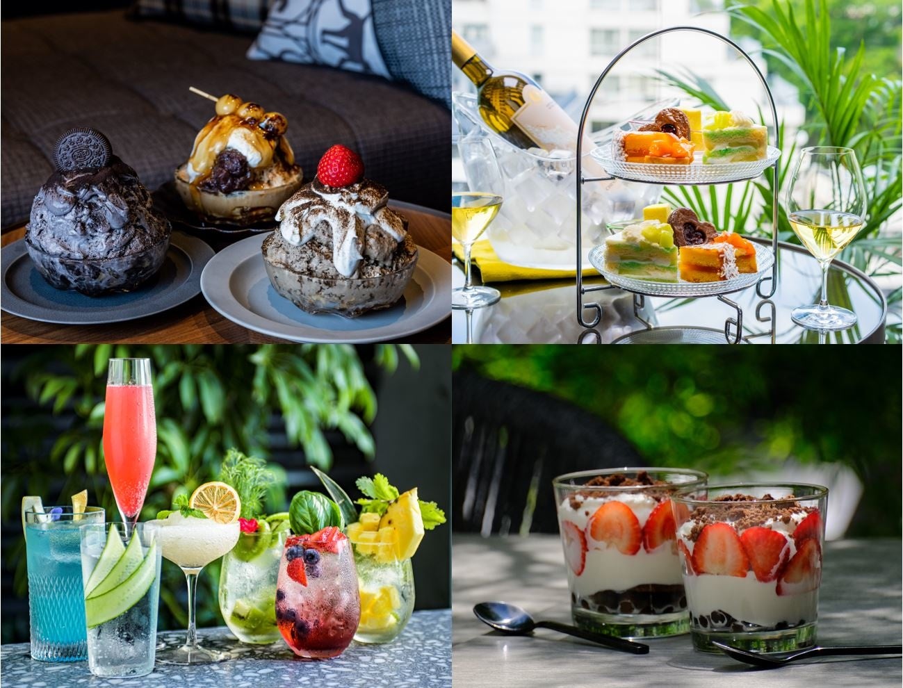 （左上から時計回りに：博多「韓国風かき氷」、東京「サマーアフタヌーンティー」、大阪「エキゾチックティラミス」、各ホテル「夏限定カクテル）