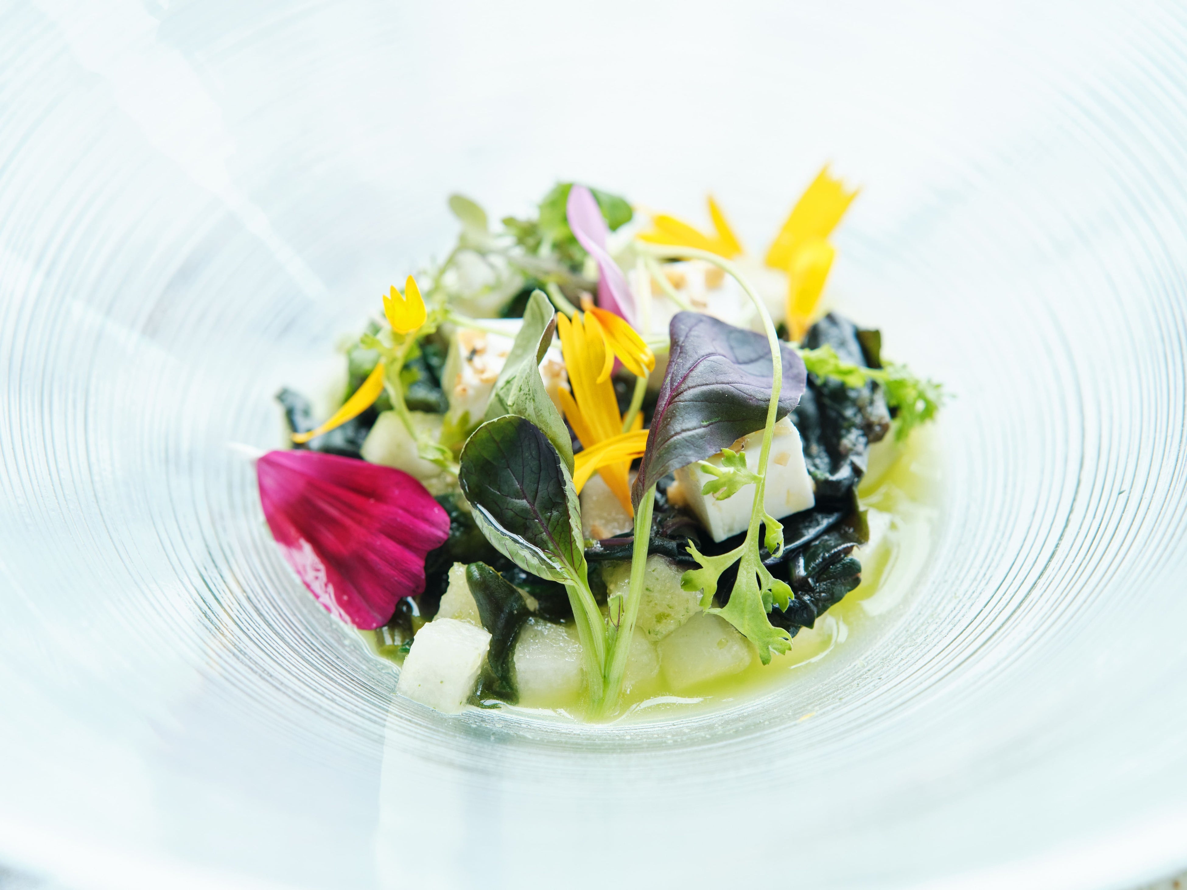 加賀太胡瓜・和梨・空芯菜のグリーク　フェタチーズ添え　和梨のソース