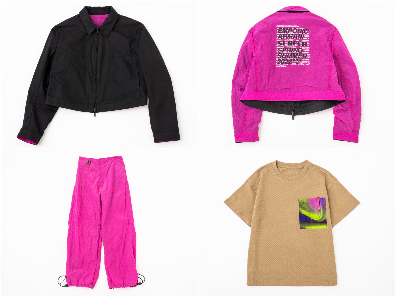 左上・右上 リバーシブルブルゾン84,700円 左下 パンツ57,200円 右下 Tシャツ34,100円