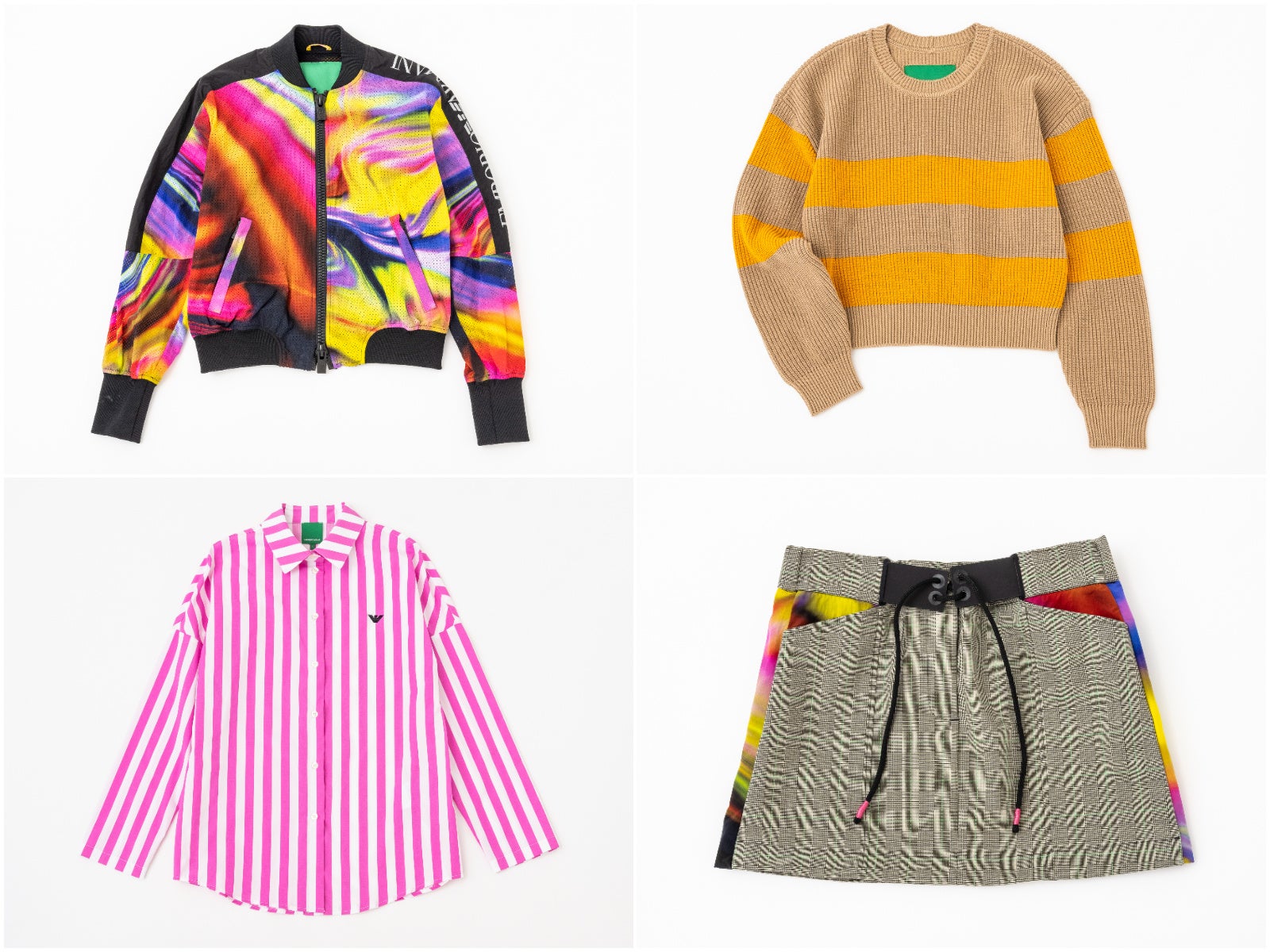 左上 ブルゾン124,300円 右上 ニット60,500円 左下 シャツ47,300円 右下 スカート92,400円 