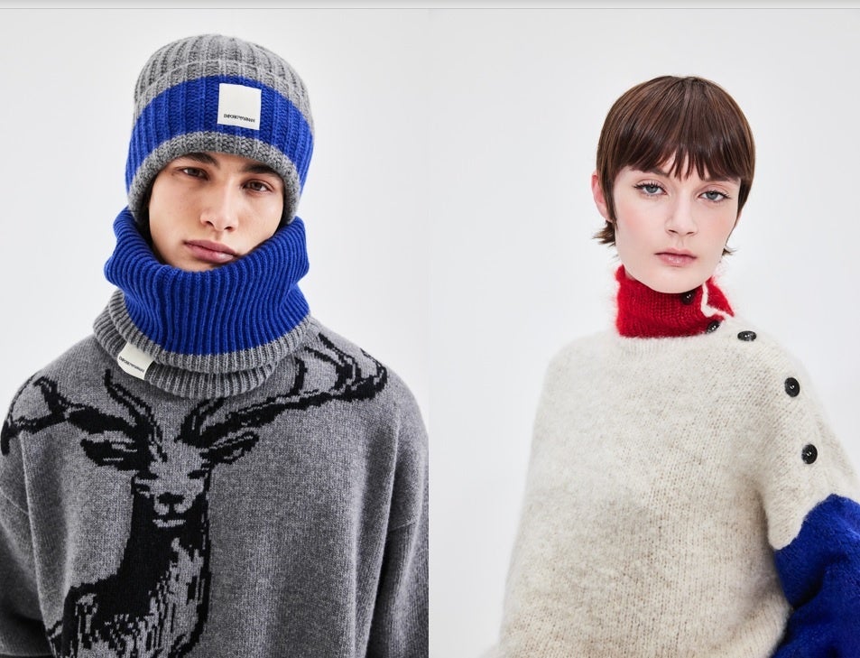 左　セーター 64,900円 ニットキャップ 24,200円 ネックウォーマー 24,200円　右　セーター 75,900円（金額全て税込み）