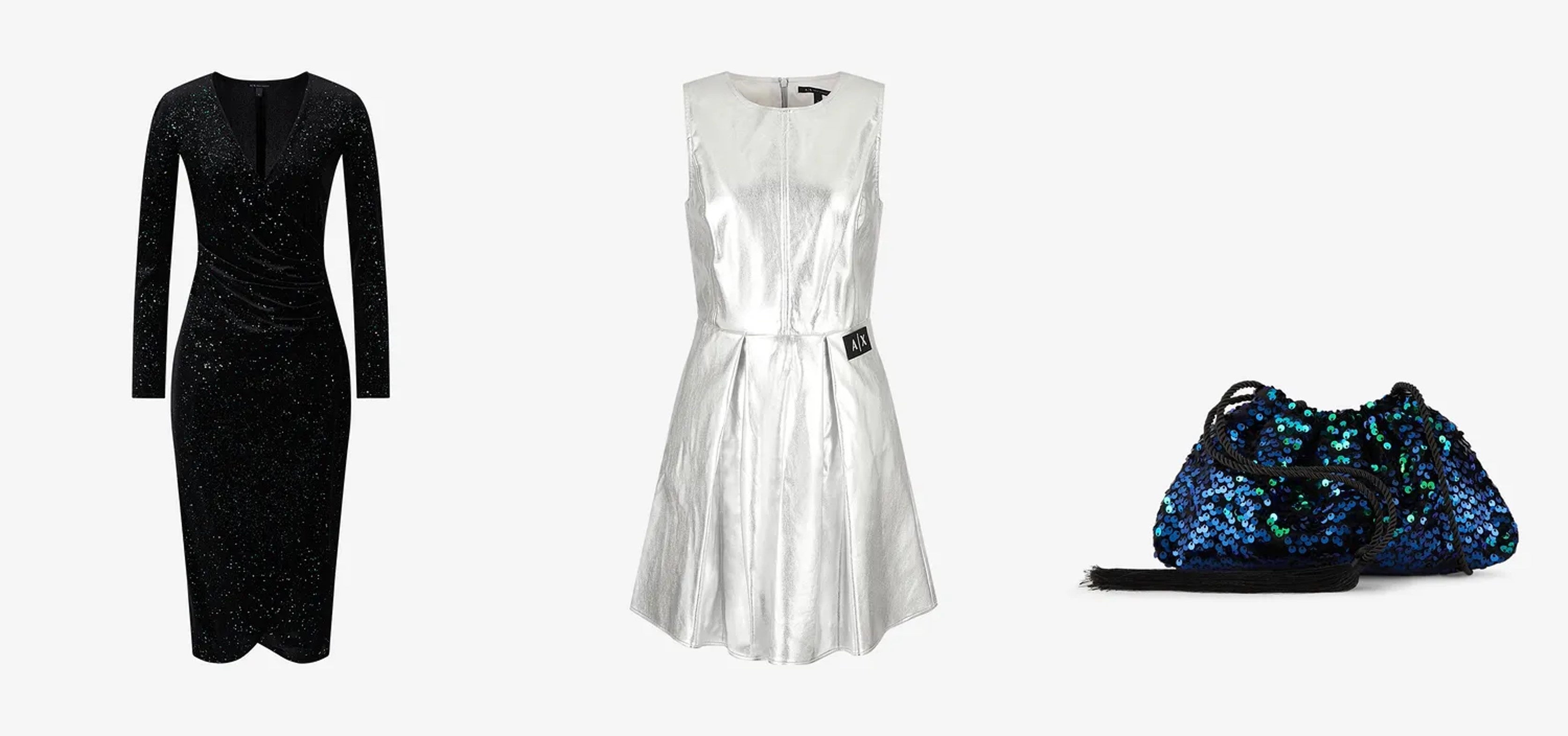 ベルベットワンピース 25,960円　フレアワンピース 27,720円     スパンコールバッグ 14,630円