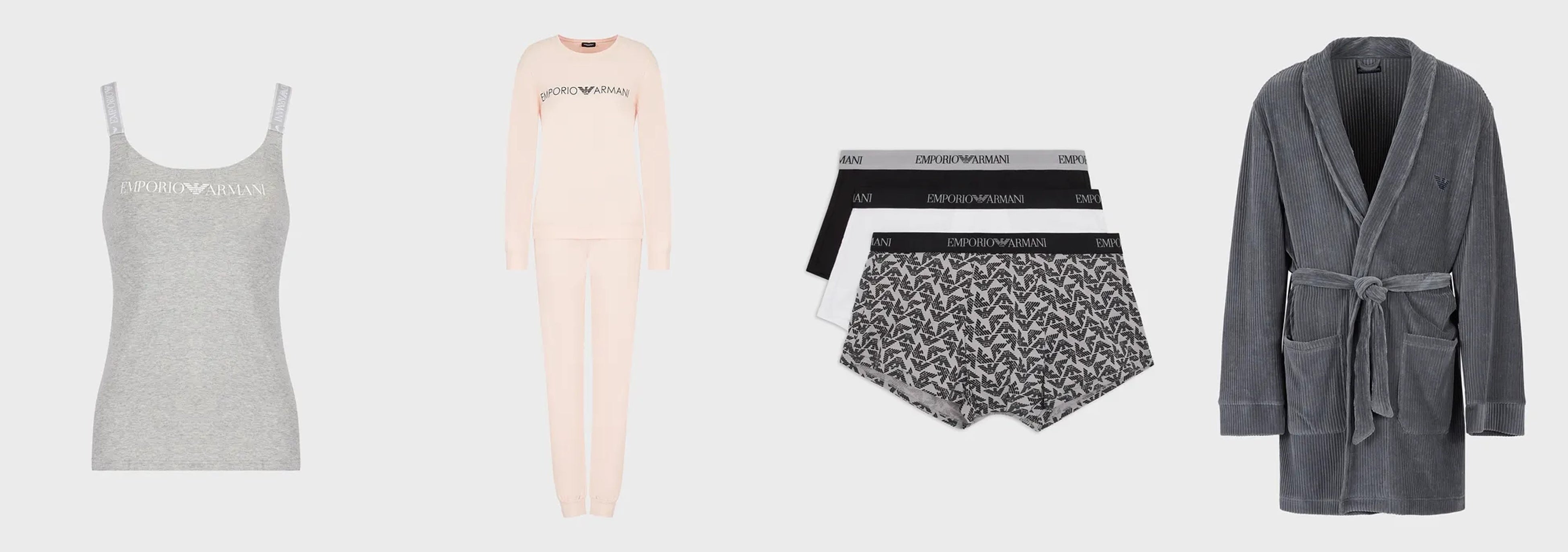 左からウィメンズタンクトップ  8,250円　 ウィメンズパジャマセット  22,000円　 メンズボクサーブリーフ3枚セット  7,920円    メンズドレッシングガウン  25,300円